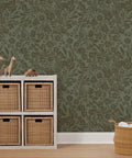 Cozy Cottage Botanical Peel And Stick Wallpaper Removable Linen Texture Accent Wallcovering Renter Friendly Diy Room Refresh With Easy Peasy Setup For Your Space on a green floral wall.