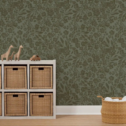 Cozy Cottage Botanical Peel And Stick Wallpaper Removable Linen Texture Accent Wallcovering Renter Friendly Diy Room Refresh With Easy Peasy Setup For Your Space on a green floral wall.