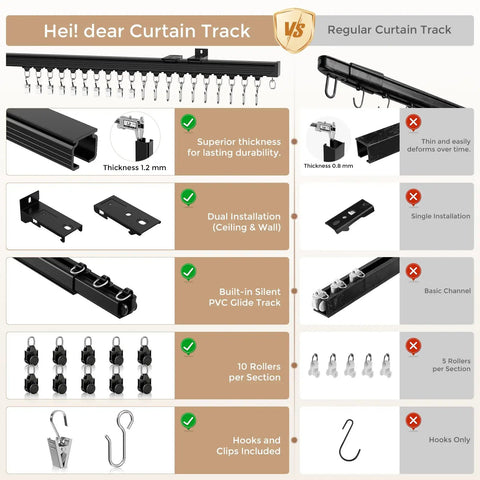 Comparison of Heavy Duty Ceiling And Wall Mount Curtain Track System For 6 To 9 Ft Black Finish With Quiet Glide Rollers vs Regular Track