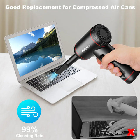 Person using Rechargeable Cordless Air Duster With LED Light 100000 RPM 3 Gear Adjustable Airflow to clean laptop keyboard