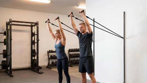 Solid Dual Sliding Wall Anchor Rail System With Adjustable Height For Resistance Bands And Suspension Trainers Made From Heavy Duty Aluminum in use by two people.