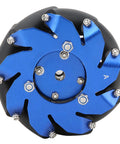 4-inch blue anodized Mecanum wheel with black tire and bolt-on mounting plate for omnidirectional robot drive