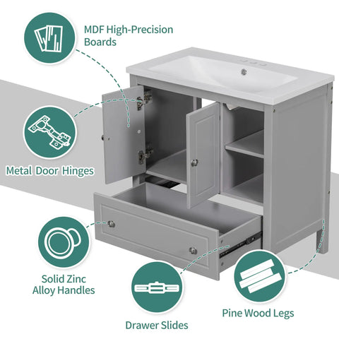 Bathroom Vanity Base Cabinet Featuring Solid Wood Frame And Painted Finish with open drawer and doors, showing storage organizer
