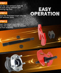 Front view of weyleity wheel hub removal tool set with red puller jaws, threaded rod, washers, and hub assembly