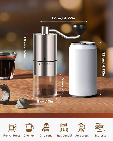 Manual Coffee Grinder With Ceramic Burrs For Espresso And French Press, hand crank, stainless steel, size comparison