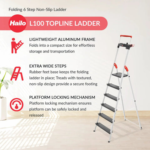 Six Step Aluminum Step Ladder With 330 Lb Capacity, 129.1 Inch Reach, Heavy Duty Build, Extendable Safety Bar, Locking Platform, Non Slip Steps, Tool Tray, Bucket Strap And Hook, EasyClix Ready For Fast Setup And Secure, High Reach Work. Folding 6-step aluminum ladder with locking platform
