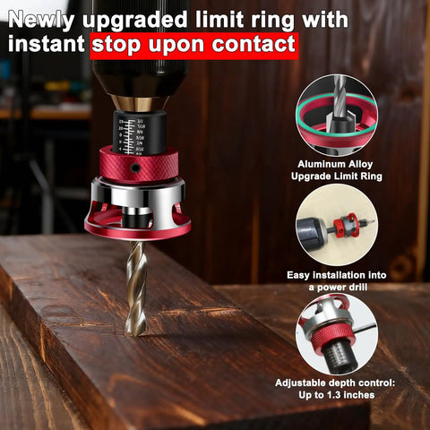 Close-up of 7 Piece Countersink Drill Bit Set With Aluminum Stop Collar And Bearing For Smoother Countersinking in use on wood.