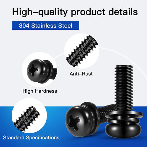Top Shelf Pro Stash 641 Piece Metric Machine Screws And Bolts Assortment Kit Featuring M2 M2.5 M3 M4 M5 Phillips Bolts And Nuts 304 Stainless Steel with black oxide finish.