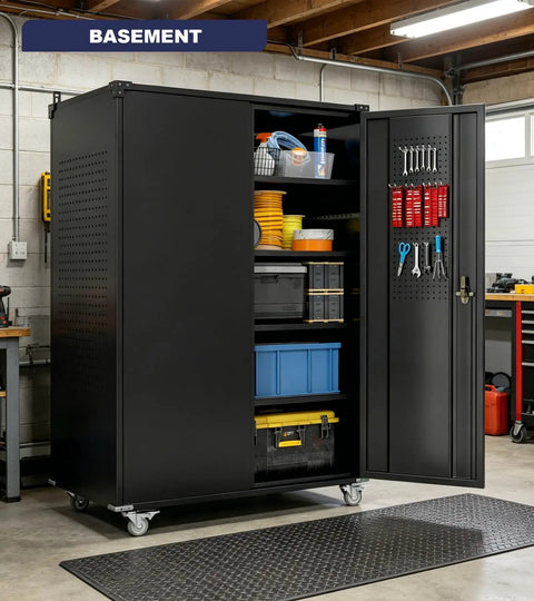 Heavy Duty Rolling Tool Cabinet With Lockable Doors And Pegboard, Rugged Metal Storage On Wheels, 22-Inch Deep, 4 Adjustable Shelves