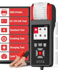 Car Battery Tester With Printer For 6V 12V And 24V Systems, A Handy Load Tester For Everyday Drivers That Quickly Checks Cranking Current, Internal Resistance, Battery Health And Overall Life, With Real Printouts. handheld battery tester with printer, cables, and paper rolls