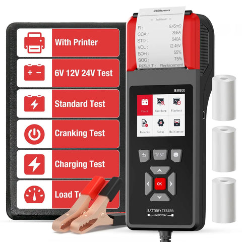 Car Battery Tester With Printer For 6V 12V And 24V Systems, A Handy Load Tester For Everyday Drivers That Quickly Checks Cranking Current, Internal Resistance, Battery Health And Overall Life, With Real Printouts. handheld battery tester with printer, cables, and paper rolls