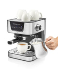 Heavy Hitter 19 Bar Manual Espresso Machine With Integrated Milk Frother Dual Outlet Arms And Heated Base brewing espresso and frothing milk.