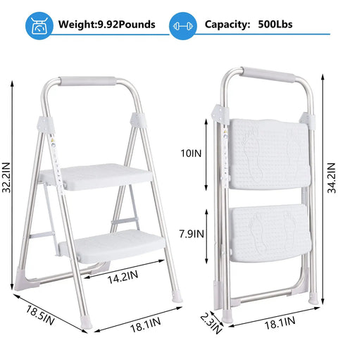 Two Step Stainless Steel Folding Ladder With 500 Pound Capacity Wide Anti Slip Pedals And Beefy Durable Handgrip Lightweight Compact