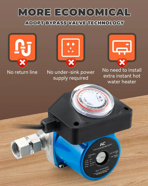 No Sweat Instant Hot Water Recirculation Pump With Slick Temp Control For Tank Heaters and Quick Connect Pex Lines on a wooden surface.
