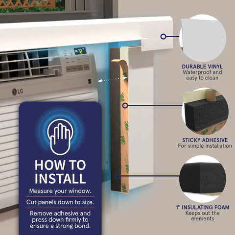 Image showing installation guide for White Vinyl Foam Side Panels For Window AC Units Custom Trim To Fit Rugged Draft Guard Wrap.