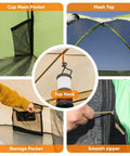 Detailed view of Two Person Camping Tent With Quick Setup In Minutes Waterproof With Mesh Top And Ventilated Door, showing mesh pockets, top hook, and zipper.