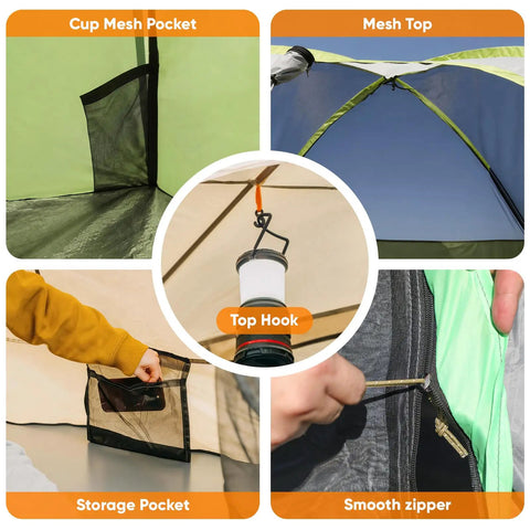 Detailed view of Two Person Camping Tent With Quick Setup In Minutes Waterproof With Mesh Top And Ventilated Door, showing mesh pockets, top hook, and zipper.