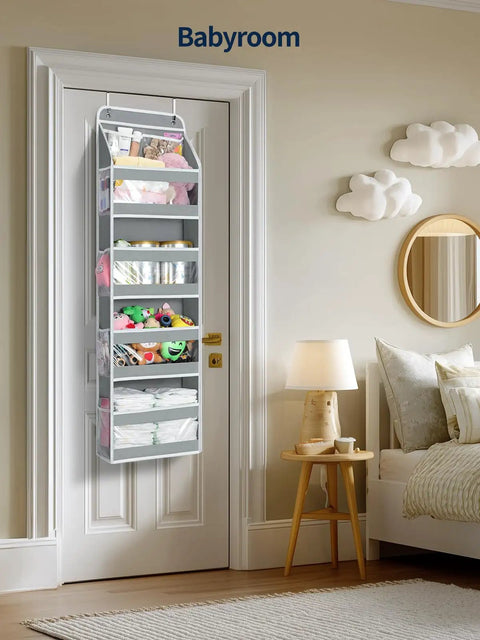 Five Tier Over The Door Organizer With Clear PVC Windows For Stuffed Animals And Everyday Storage Must Have For Bedroom Nursery Closet Dorm Laundry Pantry And Bathroom Grey hanging on nursery door with toys and baby essentials inside.