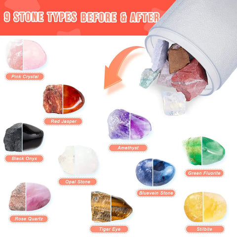 Rock Tumbler Kit With 6Lb Capacity For Home Jewelry Making featuring 9 types of stones before and after polishing, shown with tumbler.