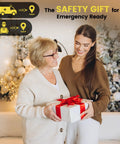 Woman gifting an emergency readiness package to an elderly woman, with holiday decorations in the background.