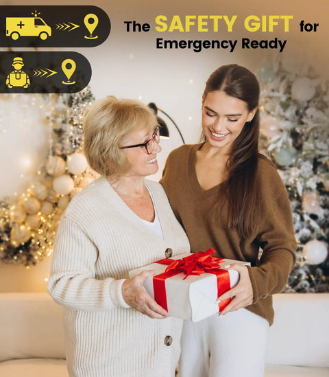 Woman gifting an emergency readiness package to an elderly woman, with holiday decorations in the background.