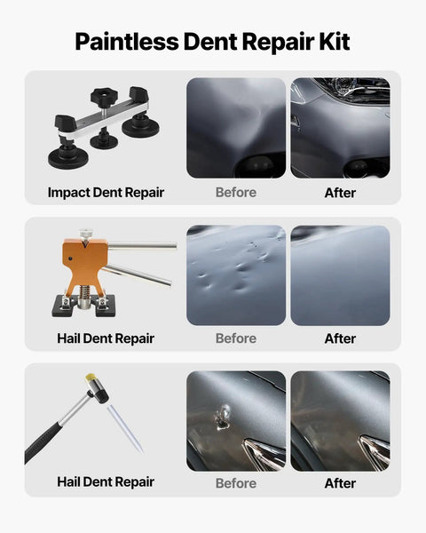 Paintless Dent Removal Kit With 60 Pieces Including Dent Lifter Bridge Puller Rubber Hammer Glue Gun And 24 Puller Tabs for car dent repair, before and after comparison images