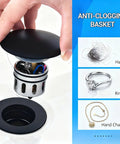 Matte Black Bathroom Vessel Sink Faucet With Waterfall Spout Tall Single Hole Design Quiet Operation Easy Install Pop Up Drain With Detachable Hair Catcher Lavatory Vanity Faucet showing anti-clogging basket with jewelry and hair