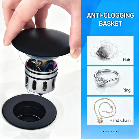 Matte Black Bathroom Vessel Sink Faucet With Waterfall Spout Tall Single Hole Design Quiet Operation Easy Install Pop Up Drain With Detachable Hair Catcher Lavatory Vanity Faucet showing anti-clogging basket with jewelry and hair