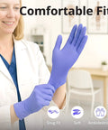 Premium Violet Nitrile Exam Gloves 3 Mil Medium 100 Pack Box Latex Free Powder Free Food Safe being worn by a professional.
