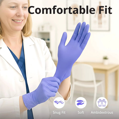 Premium Violet Nitrile Exam Gloves 3 Mil Medium 100 Pack Box Latex Free Powder Free Food Safe being worn by a professional.