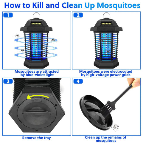 Outdoor Bug Zapper And Mosquito Killer For Patio And Backyard, 4200V Electric Fly Trap With Blue Violet Light steps for use.