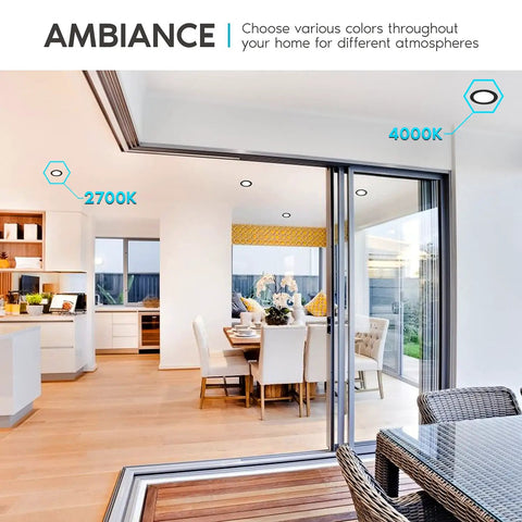 Modern living space with 5 To 6 Inch LED Recessed Downlight Dimmable Wet Rated Energy Star Color Temperature Switchable 2700K 4000K.