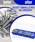 Six Piece Screw Organizer Box With Lids Slanted Opening For Easy Grab And Go Access Four Divider Compartments Locking Latches