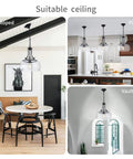 Rustic Farmhouse Round Pendant Light With Clear Glass Shades For Dining Room And Kitchen Island in sloped, flat, vaulted ceilings.