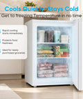 White 3.0 Cu Ft Upright Freezer With 7 Adjustable Temp Settings Compact Mini Freezer showing organized frozen foods and ice cream.