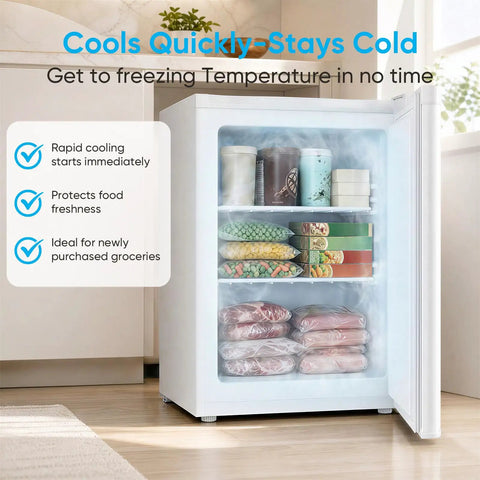 White 3.0 Cu Ft Upright Freezer With 7 Adjustable Temp Settings Compact Mini Freezer showing organized frozen foods and ice cream.