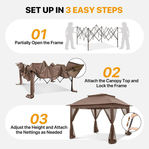 Step-by-step setup of 11x11 Pop Up Gazebo With Mesh Netting And UPF 50 Plus UV Protection, No Tool Setup Easy Up Outdoor Canopy Tent