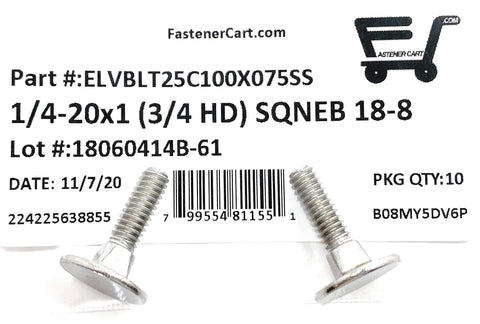Pro Shop Tested 18 8 Stainless Steel Elevator Bolt Square Neck 1/4 20 X 1 Inch 3/4 Inch Diameter Hex Head Fastener Pack Of Ten, detail view of bolts.