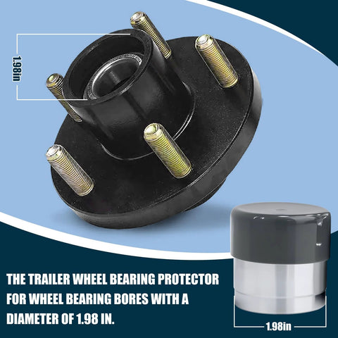 Front view of black trailer wheel bearing protector hub for 1.980 in bore with studs; 2-pack includes dust cap