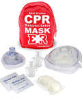 Adult and Infant CPR Mask Kit with two one-way valve masks, vinyl gloves, alcohol pads, red pouch
