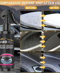 Two Pack P40 Car Scratch Quick Repair Nano Spray for All Cars and Surfaces Instant Invisible Scratch Remover Fast Paint Restoration bottle, showing before and after results on car scratches and paint.