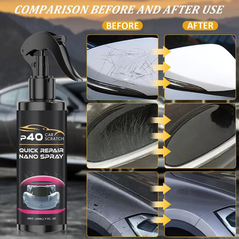 Two Pack P40 Car Scratch Quick Repair Nano Spray for All Cars and Surfaces Instant Invisible Scratch Remover Fast Paint Restoration bottle, showing before and after results on car scratches and paint.
