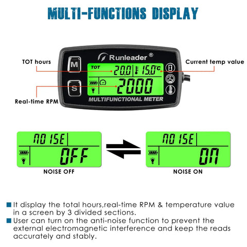Digital Tach Hour Meter And Engine Temperature Gauge With RPM And Temperature Alerts Backlit Display For Beefed Up Lawn Tractors Generators Snowmobiles Marine Jet Skis Pit Bikes And More Tracks Total Run Time Service Intervals