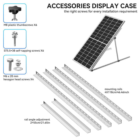 Beast Mode 47 Inch Adjustable Solar Panel Tilt Mount Brackets accessories display including screws and rails for efficient installation.
