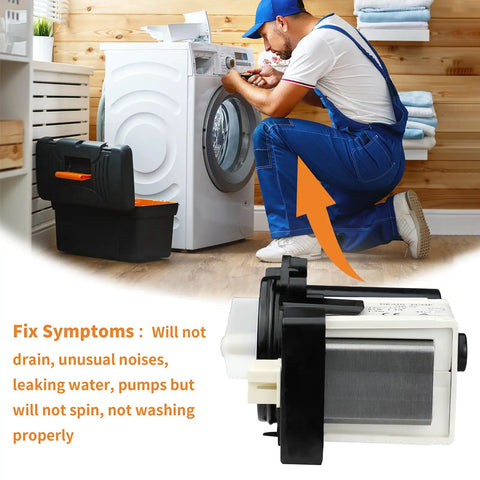 Washer Drain Pump Water Motor Assembly Replacement Part For Samsung Maytag Kenmore shown near repairman fixing washer