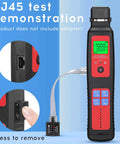 Live Fiber Optic Identifier with OPM and 5-in-1 function for RJ45 network testing, shown in use with LED display and connection points