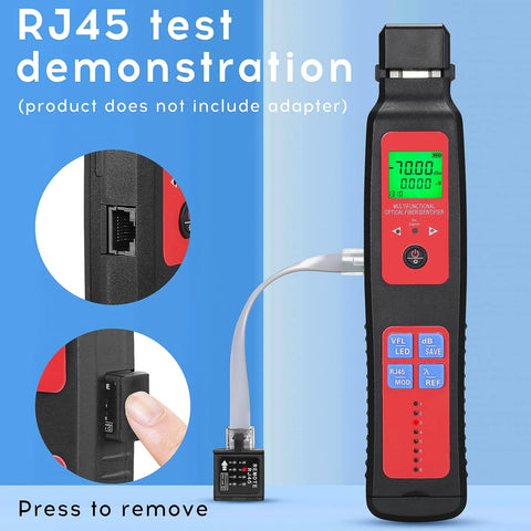 Live Fiber Optic Identifier with OPM and 5-in-1 function for RJ45 network testing, shown in use with LED display and connection points