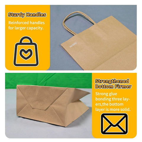50 Pack Go-To Brown Kraft Paper Bags With Handles 8x4.25x10.5 Inches Heavy-Duty Gift Bags showing sturdy handles and strong bottom