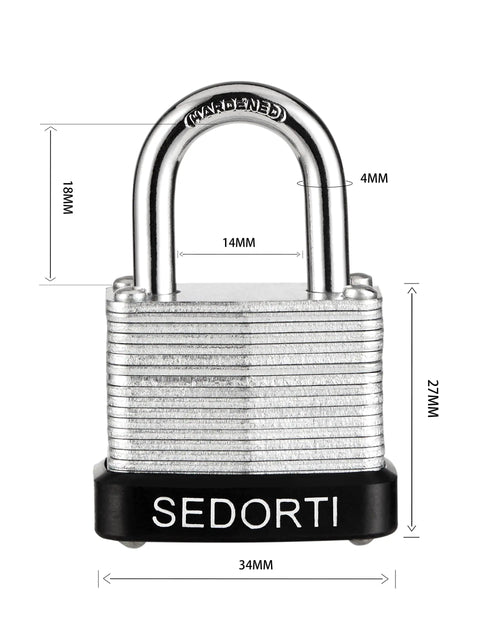 Close-up of Beefy Heavy Duty Laminated Steel Padlocks Set One And A Quarter Inch Wide With Keyed Alike Pack Of 48, showing dimensions