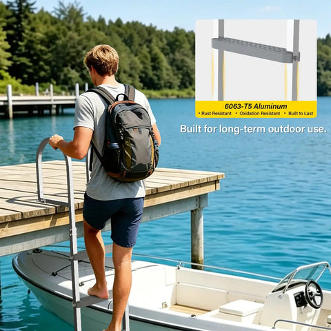 Heavy Duty Aluminum Dock Ladder Beefy Build With 500 Pound Capacity, Four Step, Non Slip Wide Steps For Wet Surfaces, Removable Design, Sturdy Frame That Will Not Wobble, Easy Setup For Boats, Docks, Or Piers; aluminum dock ladder on boat